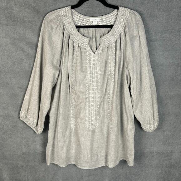 J Jill Top Womens Large Gray Embroidered Smocked 3/4 Length Sleeve Boho Preppy - Picture 1 of 14